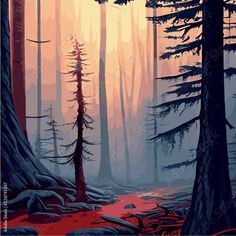 a painting of trees in the middle of a forest with red light coming from them