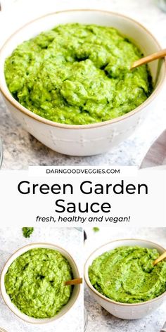 green garden sauce in a white bowl with wooden spoons on the side and text overlay that reads, green garden sauce fresh, healthy and vegan