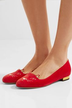 Charlotte Olympia | Kitty embroidered velvet slippers | NET-A-PORTER.COM Cat Things, Velvet Slippers, Embroidered Velvet, Leather Art, Soft Shoes, Fresh Kicks, Valentines Day Gifts For Her