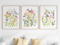 three framed floral paintings on the wall above a white couch in a living room with pillows