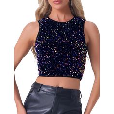 Glitter Top design features sequins, crop, sleeveless, round neck, hidden zipper on the side. This sequin vest top is suitable for various occasions, such as parties, festivals, clubs, cocktail parties, dinners, weddings, dates, bars. Add it to your wardrobe. This top is a sequin top, which is beautiful and fashionable. Suitable for matching with various suit pants and mini bags. Cropped Party, Sequin Vest, Party Tank Top, Glitter Top, High Neck Tank Top, Sweater Tank Top, Cocktail Parties, Ribbed Tank Tops, Suit Pants