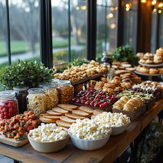 a buffet table filled with lots of food