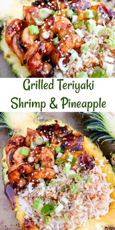 grilled teriyaki shrimp and pineapple is served with rice