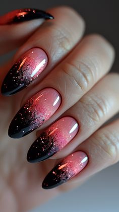 Pink Ombre Nails Pink To Black Ombre Nails, Black Ombre Nails, Goth Nails, Fall Nail Art, Glitter Ombre, Oval Nails, Manicure E Pedicure