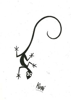 an ink drawing of a gecko on a white paper with the word kiwi written below it