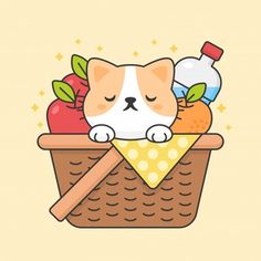 a cat sleeping in a basket filled with fruits and vegetables on top of a yellow background