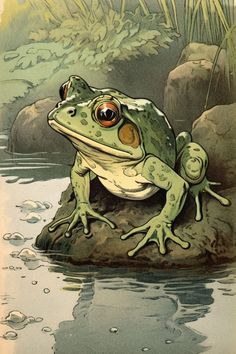 a frog sitting on top of a rock in the water