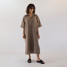 "Oversized shirt Dress is crafted from naturally linen and designed with a high shirt collar, a button closure placket and a patch pocket at the chest. This modern short-sleeved shirt dress is an ideal piece for warmer weather, it's offered in a 20 colors and won't take too long to become a staple piece of your wardrobe, perfect for various stylings and occasions, you will feel light and relaxed anywhere you go! This garment is made of finest quality stone washed linen, 100% linen with OEKO-TEX certificate. DETAILS * Oversized fit silhouette * Midi length (Shirt dress length from shoulder for size S is 120 cm / 48 '' * Shoulder part of two layers * High shirt collar * Short sleeved * Button closure * Patch pocket at the chest * Side slits * Belt  SIZING & FIT Each item can be customized fo Collared Shirt Dress With Relaxed Fit, Spring Collared Linen Dress With Relaxed Fit, Collared Linen Dress With Buttons For Work, Summer Linen Collared Dress, Casual Collared Linen Dress In Relaxed Fit, Collared Linen Day Dress, Summer Collared Linen Dress, Collared Linen Daywear Dresses, Casual Linen Collared Shirt Dress