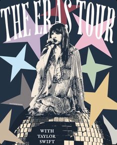 a poster with a woman sitting on top of a disco ball and stars in the background