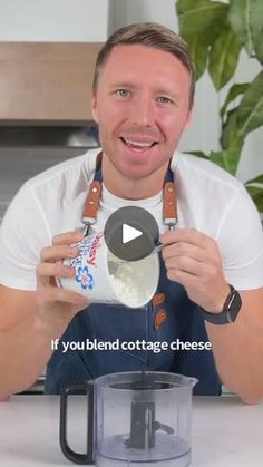 a man in an apron is pouring milk into a blender with the words if you blend cottage cheese on it