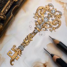 a drawing of a golden key with diamonds on it and some pencils next to it