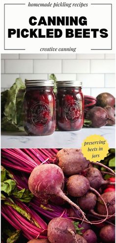 two jars filled with pickled beets sitting on top of a pile of vegetables