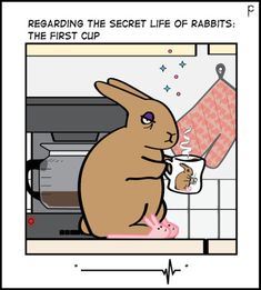 a cartoon bunny holding a coffee mug in front of an oven