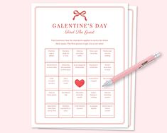 a valentine's day game card with a pen on it and a pink background