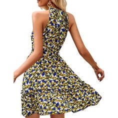 Black Sleeveless Halter Floral Dress with Belt Yellow Sleeveless Halter Sundress, Spring Sleeveless Flowy Halter Dress, Floral Print Flowy Sleeveless Halter Dress, Sleeveless Flowy Floral Print Halter Dress, Yellow Sleeveless Halter Dress For Spring, Flowy Sleeveless Halter Dress For Day Out, Floral Print Sleeveless Halter Dress For Day Out, Sleeveless Halter Dress With Floral Print For Day Out, Yellow Flowy Sleeveless Mini Dress