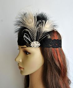 Beautiful Vintage Style, Great Gatsby lace flapper headband with feathers. Made of - black stretchy floral lace (the floral pattern may vary as it is handmade item ) - embellished with sparkling crystal rhinestone brooch - mix of light black ostrich feathers and hand curled ivory peacock eyes Perfect for a Great Gatsby or a 1920's party or any occasion! Can be worn with feathers on the right or left side of head. As it stretchy it fits everybody head Vintage inspired - stylish with modern look ! Vintage Adjustable Headband For Parties, Vintage Adjustable Headpiece For Carnival, Adjustable Gatsby Style Headpiece For Carnival, Adjustable Gatsby Headpiece For Costume Party, Adjustable Gatsby Style Party Hair Accessories, Adjustable Gatsby Style Hair Accessories For Party, Elegant Adjustable Headpieces For Costume Party, Gatsby Style Headband Fascinator, Adjustable Flapper Headpieces For Party