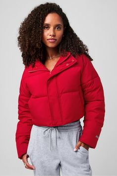 Essential Cropped Hooded Puffer Fabletics red female Activewear >> Womens >> Jackets & Outerwear >> Jackets regular Everyday Hidden Pockets/Reflective/Water-Resistant Sporty Solid Puffer Jacket For Cold Weather, Red Fitted Athleisure Outerwear, Casual Fitted Puffer Jacket, Athleisure Puffer Jacket For Cold Weather And Winter, Sporty Puffer Jacket For Fall Cold Weather, Sporty Puffer Jacket For Cold Weather And Fall, Spring Athleisure Long Sleeve Puffer Jacket, Spring Long Sleeve Athleisure Puffer Jacket, Athleisure Long Sleeve Puffer Jacket For Fall