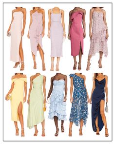 women's dresses in different colors and sizes, all with one side slit down