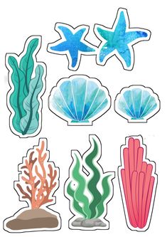 an assortment of sea life stickers on a white background, including corals and starfish