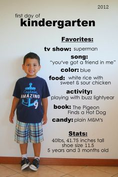 a young boy standing in front of a sign that says, the story of kindergarten favorites