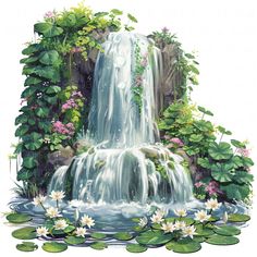 a painting of a waterfall surrounded by water lilies