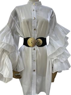 SIZE Shoulder:49cm Bust:134cm Waist:136cm Sleeve length:53cm Length:83cm Note: 1 inch = 2.54 cm, 1 cm = 0.39 inch note: measurement by hands allow 2-3cm errors which is normal White Collared Blouse For Beach, White Collared Blouse For The Beach, Chic Lantern Sleeve Blouse For Beach, Chic Lantern Sleeve Beach Blouse, Elegant Fitted Blouse For Beach, Elegant Tops With Buttons For Beach, Elegant Buttoned Tops For Beach, Elegant Ruffled Blouse For The Beach, Fitted Collared Blouse For Beach