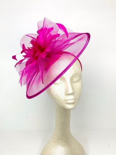 Hat Hive Designer hat " The Celeste" in Fuchsia pink is perfect for the Kentucky Derby, Easter, Mother's Day Tea, High Tea, Wedding, or any special occasion. ♥Attaches with matching, satin headband.♥Ultra Light & comfortable to wear.♥Packed and shipped in a sturdy box with special love & care to ensure a safe delivery.♥Includes a hat care card with instructions on how to care for & keep your piece beautiful.♥Over 14,000 pieces sold & 2,000 5 star reviews. Our "Hive Girls" come back year after ye Crinoline Fabric, British Hats, Derby Outfits, Pink Fascinator, Hat Wedding, Church Hat, Satin Headband, Tea Party Hats, Wedding Hat