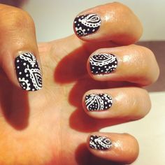 black and white paisley Bandana Nails, Lace Nail Design, Lace Nail Art, Lace Nails, White Nail Art, Black Nail Designs