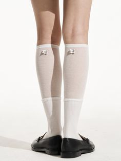 Socks designed by COQUET STUDIO. Socks are basic items but these are good to give a point to your outlooks. Recommend matching these in various moods. - Knee-length socks- Sheer material layered detail- Signature label detail Knee Length White Socks, Casual Mid-calf Stockings, Nylon Leggings, Stockings Legs, Tennis Fashion, Fishnet Stockings, Sheer Material, Knee Socks, Designer Socks