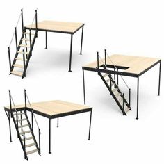 four tables with stairs on each side and one set of steps to the top, all in different positions