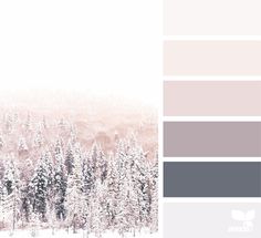 the color palette is pink, grey and white with trees in the snow on it