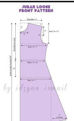 the front and back view of a women's dress sewing pattern, with measurements