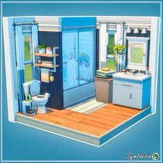 an animated bathroom with blue walls and wood flooring, including a toilet, sink, shower, and bathtub