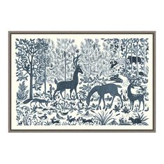 a blue and white wall hanging with deer in the woods