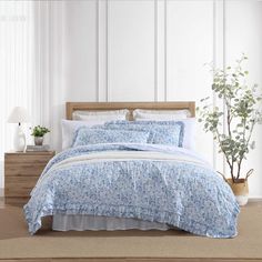 a bed with blue and white comforters in a room next to a plant on the floor