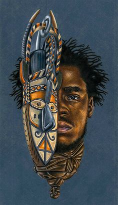 a drawing of a man with an african mask on his face