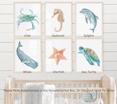 a baby's room with sea animals and their names on the wall above it