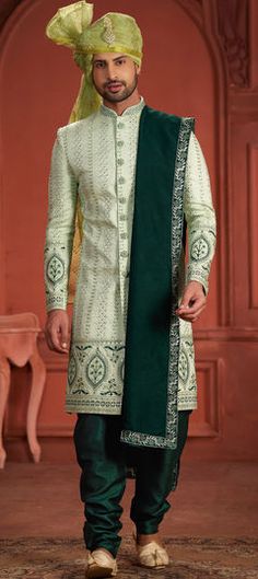 Green color Sherwani in Silk fabric with Embroidered, Sequence, Thread work Green Sherwani Groom, Navy Blue Sherwani, Designer Sherwani For Men, Indian Sherwani, Sherwani Wedding, Patiala Salwar Kameez, Blue Sherwani, Lehenga Style Saree, Salwar Pants