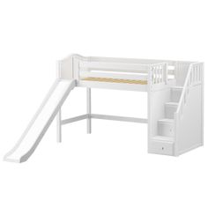 a white bunk bed with a slide and stairs on the bottom floor, against a white background