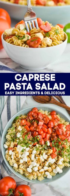 pasta salad with tomatoes and mozzarella in a white bowl