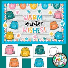 an image of winter sweaters and snowflakes with the words warm winter wishes