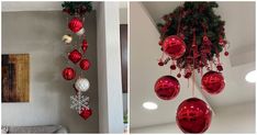 christmas decorations hanging from the ceiling and on the wall