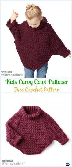 Crochet Bernat Kids Curvy Cowl Pullover Free Pattern - Crochet Kids Sweater Tops Free Patterns