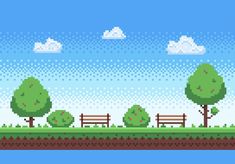 a pixel art landscape with trees, benches and clouds in the sky on a sunny day