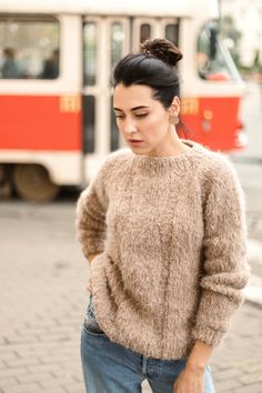 "Beige fluffy women pullover wiht round neck. Product Details: * 100% hand knit * 75% alpaca, 25% merino wool. Regular fit. Size: S(4-6) M(8-10) L(12-14) S Width : 46/48 cm Length: 58/60 cm M Width : 50/52 cm Length: 60 cm L Width : 54 cm Length: 62 cm Please let me know your size. It is made for order. If you would like me in other size, you could request a custom order with your own parameters: your height, bust and length of the sweater from the shoulder in cm. Or add your comments about leng Beige Mohair Sweater, Alpaca Crew Neck Sweater, Beige Alpaca Long Sleeve Sweater, Beige Long Sleeve Alpaca Sweater, Hand Knitted Beige Crew Neck Sweater, Beige Hand Knitted Crew Neck Sweater, Cozy Alpaca Sweater In Beige, Knitted Alpaca Sweater, Hand Knitted Alpaca Crew Neck Sweater