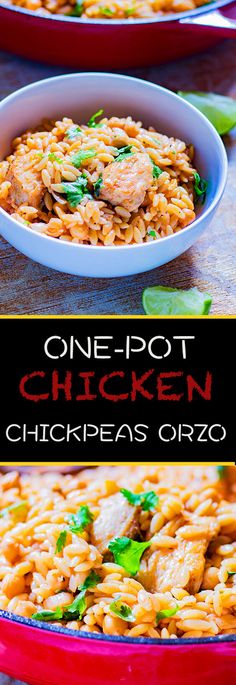 one pot chicken and noodles in a red bowl with the title above it on top