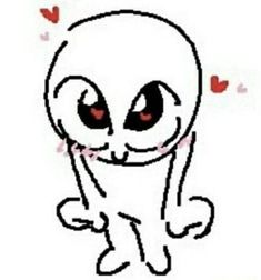 an alien with red eyes and hearts around it