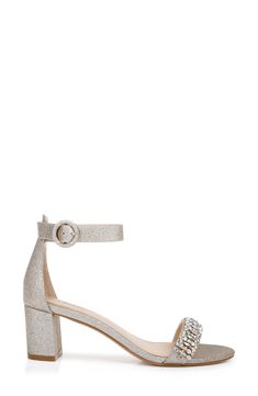 This twinkling sandal with a lightly padded footbed and walkable block heel brings bling to eveningwear with a glitter-covered upper and prong-set crystals. 2 1/4" heel  (size 8.5) 4" strap height Adjustable ankle strap with buckle closure; hidden elastic inset Textile and synthetic upper/synthetic lining/rubber sole Imported Women's Shoes Sparkling Block Heel Wedding Sandals, Wedding Glitter Block Heel Sandals, Sparkling Block Heel Heels For Gala, Elegant Block Heel Sparkling Sandals, Elegant Sparkling Block Heel Sandals, Glamorous Sparkling Block Heel Sandals, Glamorous Low Heel Sparkling Sandals, Glamorous Sparkling Low Heel Sandals, Glamorous Low Heel Glitter Sandals