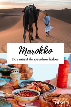 a person riding a horse next to food on a table in the middle of desert