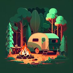 a camper parked in the woods next to a campfire with a tent on it